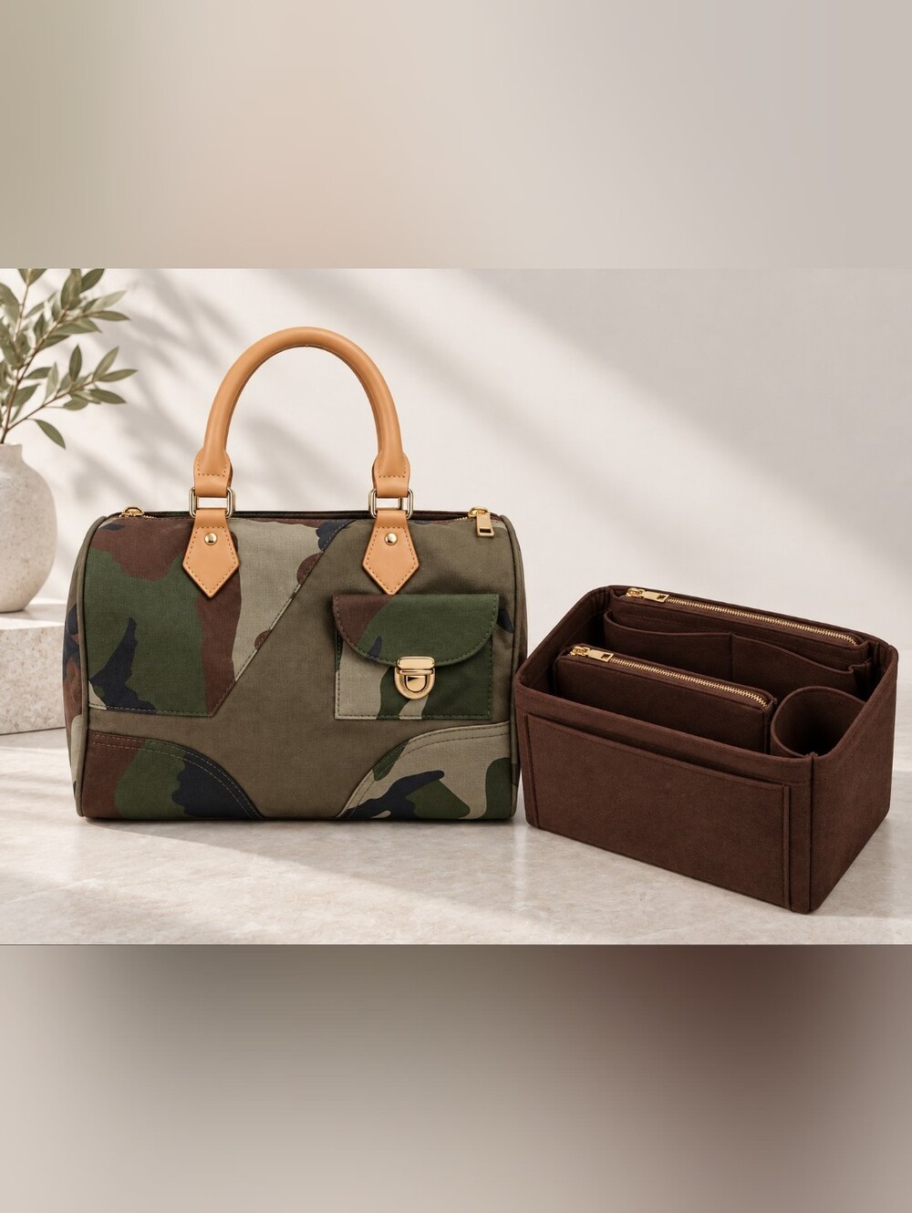 Camo Canvas Satchel Handbag + Removable Organizer Insert NWOT